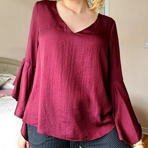 Maroon Red Purple V-Neck Backless Mid/Long-Sleever Blouse